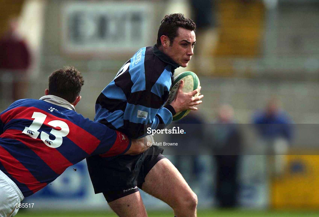 13 April 2002; Niall McNamara of Shannon is tackled by Alan Reddon of Clontarf during the AIB All Ireland League Division 1 Semi-Final match between Shannon and Clontarf at Thomond Park in Limerick. Photo by Matt Browne/Sportsfile
