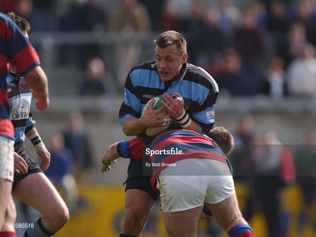 13 April 2002; Andrew Thompson of Shannon is tackled by Dave O'Brien of Clontarf during the AIB All Ireland League Division 1 Semi-Final match between Shannon and Clontarf at Thomond Park in Limerick. Photo by Matt Browne/Sportsfile
