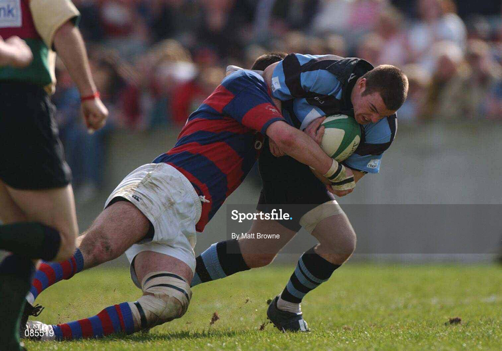 13 April 2002; Maurice Lawlor of Shannon is tackled by James Downey of Clontarf during the AIB All Ireland League Division 1 Semi-Final match between Shannon and Clontarf at Thomond Park in Limerick. Photo by Matt Browne/Sportsfile