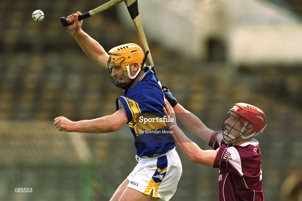 14 April 2002; Liam Cahill of Tipperary in action against Ollie Canning of Galway during the Allianz National Hurling League Quarter-Final match between Galway and Tipperary at Semple Stadium in Thurles, Tipperary. Photo by Brendan Moran/Sportsfile