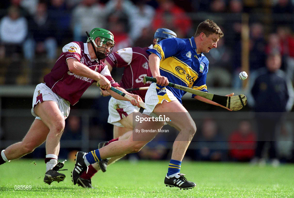 14 April 2002; Noel Morris of Tipperary in action against Fergal Healy of Galway during the Allianz National Hurling League Quarter-Final match between Galway and Tipperary at Semple Stadium in Thurles, Tipperary. Photo by Brendan Moran/Sportsfile