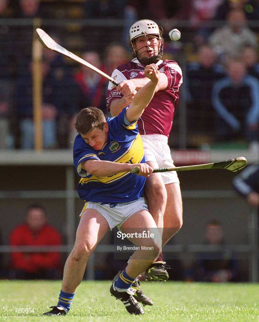 14 April 2002; Noel Morris of Tipperary in action against David Tierney of Galway during the Allianz National Hurling League Quarter-Final match between Galway and Tipperary at Semple Stadium in Thurles, Tipperary. Photo by Brendan Moran/Sportsfile