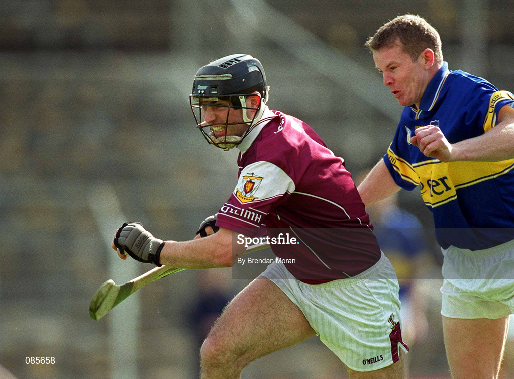 14 April 2002; Cathal Moore of Galway in action against Tipperary's Conor Gleeson during the Allianz National Hurling League Quarter-Final match between Galway and Tipperary at Semple Stadium in Thurles, Tipperary. Photo by Brendan Moran/Sportsfile