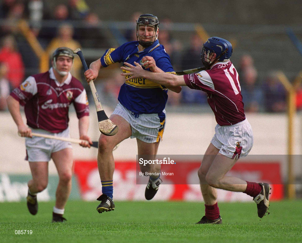 14 April 2002; Philip Maher of Tipperary in action against Damien Hayes of Galway during the Allianz National Hurling League Quarter-Final match between Galway and Tipperary at Semple Stadium in Thurles, Tipperary. Photo by Brendan Moran/Sportsfile