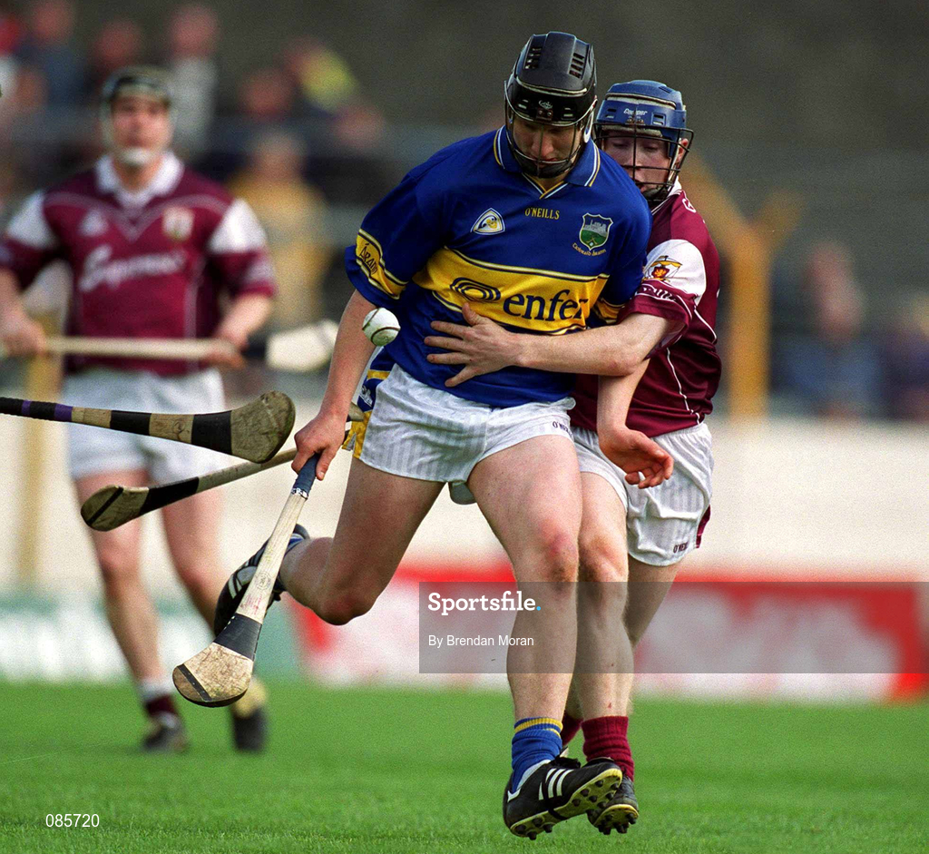 14 April 2002; Philip Maher of Tipperary in action against Damien Hayes of Galway during the Allianz National Hurling League Quarter-Final match between Galway and Tipperary at Semple Stadium in Thurles, Tipperary. Photo by Brendan Moran/Sportsfile
