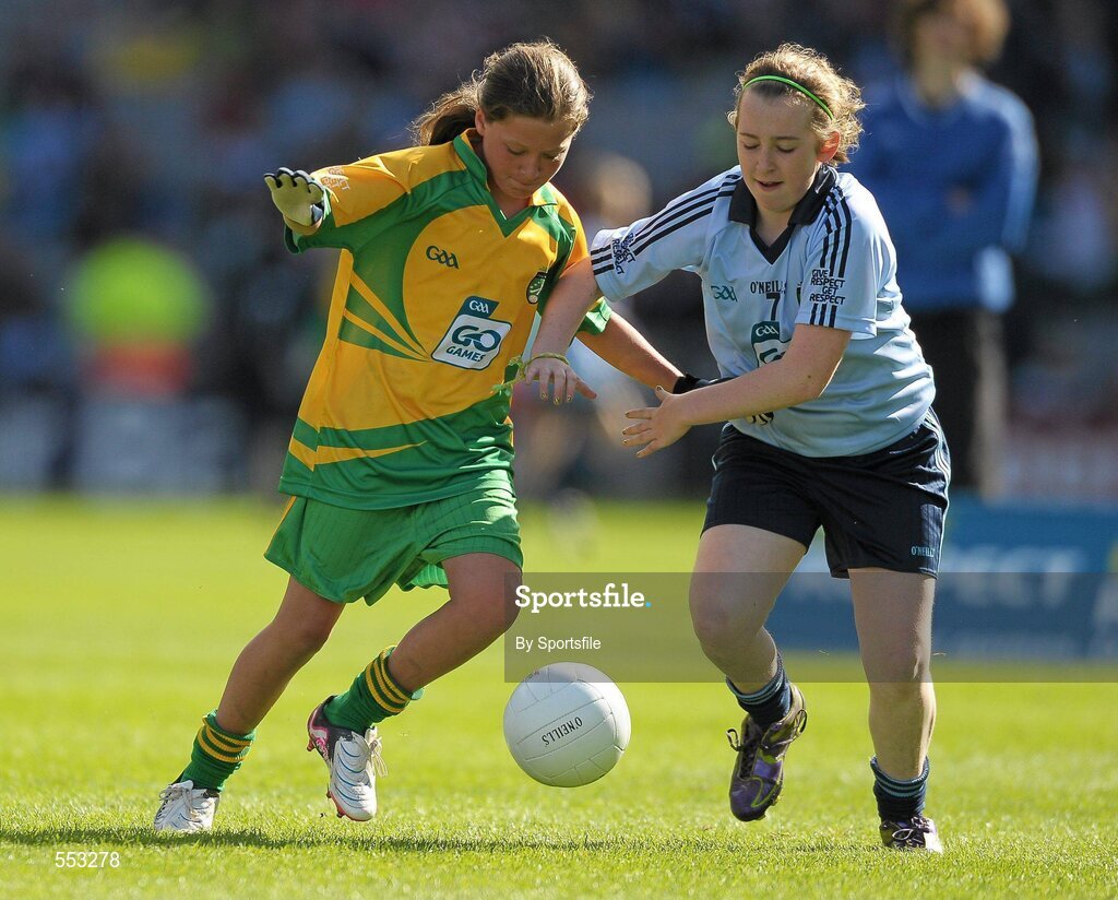 28 August 2011; Caitlin Kelly, St. Mary's P.S., Killyclogher, Co. Tyrone, in action against Kayleigh Magee, Tattygar, P.S., Lisbellaw, Co. Fermanagh. Go Games Exhibition - Sunday 21st August 2011, Clonliffe College, Dublin. Photo by Sportsfile
