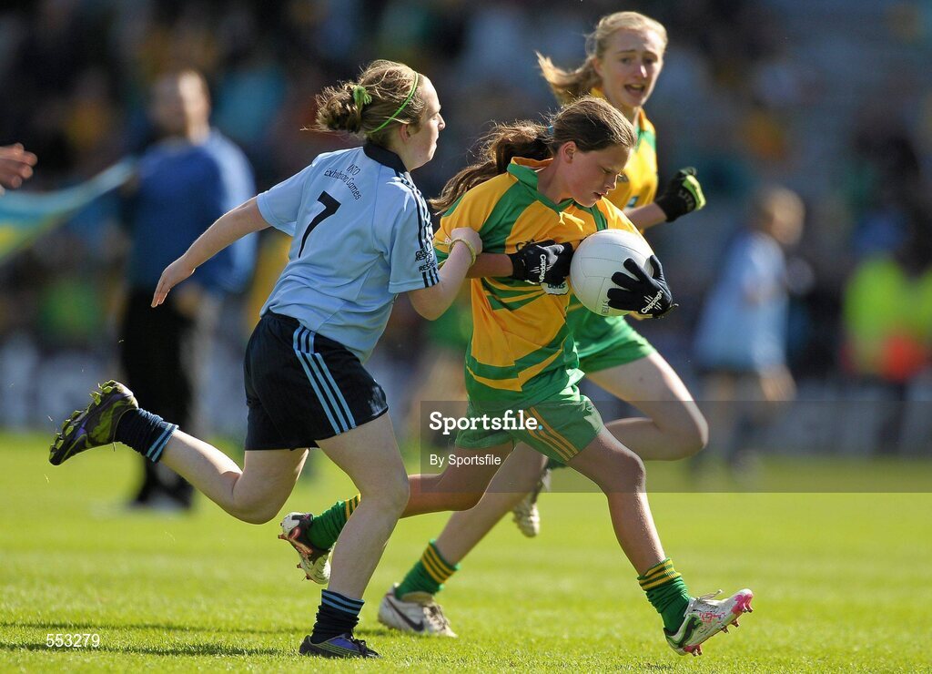 28 August 2011; Caitlin Kelly, St. Mary's P.S., Killyclogher, Co. Tyrone, in action against Kayleigh Magee, Tattygar, P.S., Lisbellaw, Co. Fermanagh. Go Games Exhibition - Sunday 21st August 2011, Clonliffe College, Dublin. Photo by Sportsfile