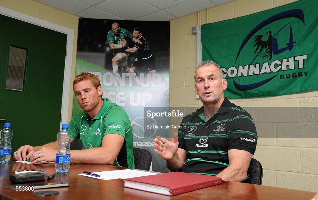 30 August 2011; Connacht head coach Eric Elwood, right, and Gavin Duffy, during a press conference to announce Duffy as their new captain. Connacht Rugby Press Conference, The Sportsground, College Road, Galway. Picture credit: Diarmuid Greene / SPORTSFILE
