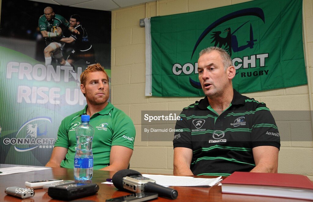 30 August 2011; Connacht head coach Eric Elwood, right, and Gavin Duffy, during a press conference to announce Duffy as their new captain. Connacht Rugby Press Conference, The Sportsground, College Road, Galway. Picture credit: Diarmuid Greene / SPORTSFILE