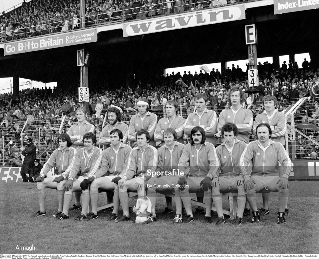 25 September 1977; The Armagh team, back row, left to right, Peter Trainor, Seán Devlin, Larry Kearns, Brian McAlinden, Tom McCreesh, Colm McKinstry, Kevin Rafferty, front row, left to right, Noel Marley, Denis Stevenson, Joe Kernan, Jimmy Smyth, Paddy Moriarty, Jim McKerr, John Donnelly, Peter Loughran. All Ireland GAA Senior Football Championship Final, Dublin v Armagh, Croke Park, Dublin. Picture credit: Connolly Collection  / SPORTSFILE