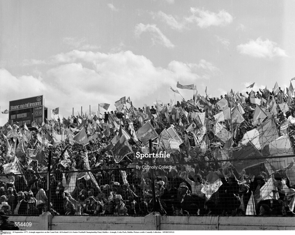 25 September 1977; Armagh supporters on the Canal End. All Ireland GAA Senior Football Championship Final, Dublin v Armagh, Croke Park, Dublin. Picture credit: Connolly Collection  / SPORTSFILE