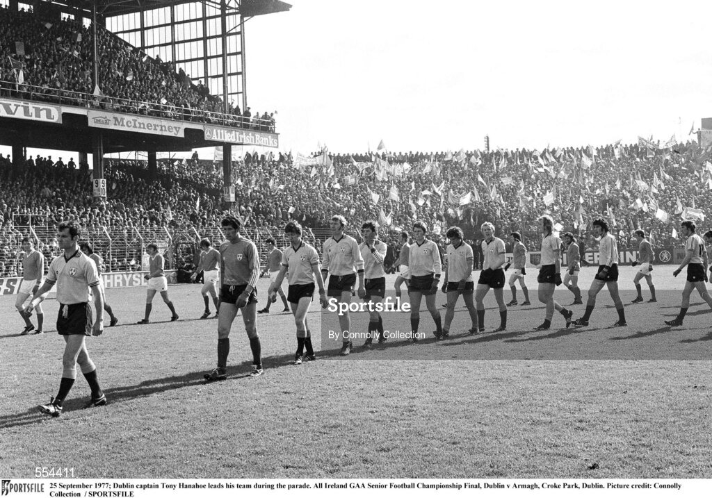 25 September 1977; Dublin captain Tony Hanahoe leads his team during the parade. All Ireland GAA Senior Football Championship Final, Dublin v Armagh, Croke Park, Dublin. Picture credit: Connolly Collection  / SPORTSFILE