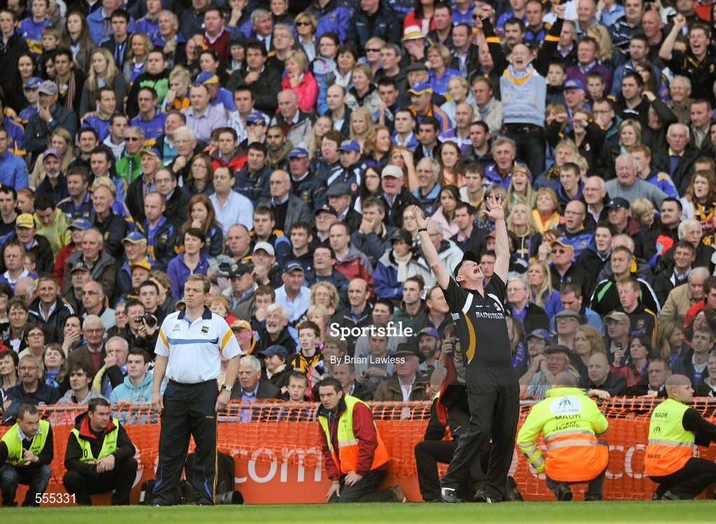 4 September 2011; Kilkenny manager Brian Cody celebrates at the final whistle as Tipperary manager Declan Ryan looks on. GAA Hurling All-Ireland Senior Championship Final, Kilkenny v Tipperary, Croke Park, Dublin. Picture credit: Brian Lawless / SPORTSFILE