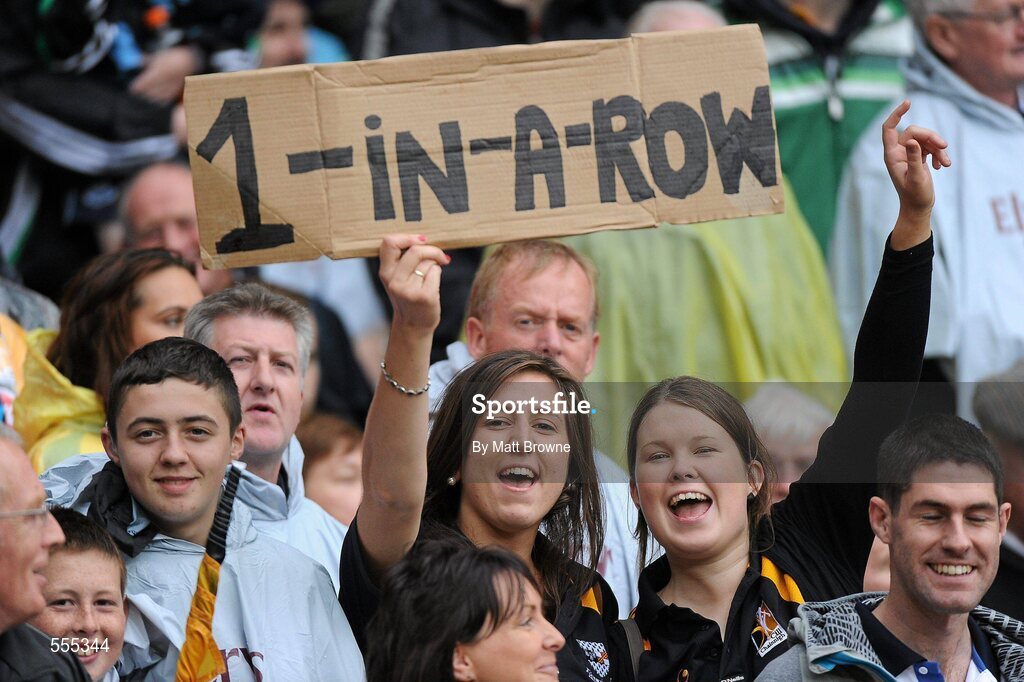 4 September 2011; Kilkenny supporters Grace Dunphy, left, and Monica Farrell from Ballycallan, Co. Kilkenny. Supporters at the GAA Hurling All-Ireland Championship Finals, Croke Park, Dublin. Picture credit: Matt Browne / SPORTSFILE