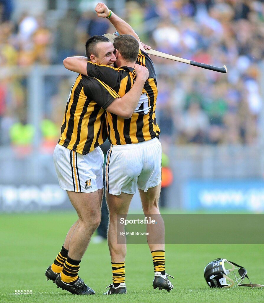 4 September 2011; Kilkenny's Eoin Larkin, left, and Jackie Tyrrell celebrate after the final whistle. GAA Hurling All-Ireland Senior Championship Final, Kilkenny v Tipperary, Croke Park, Dublin. Picture credit: Matt Browne / SPORTSFILE