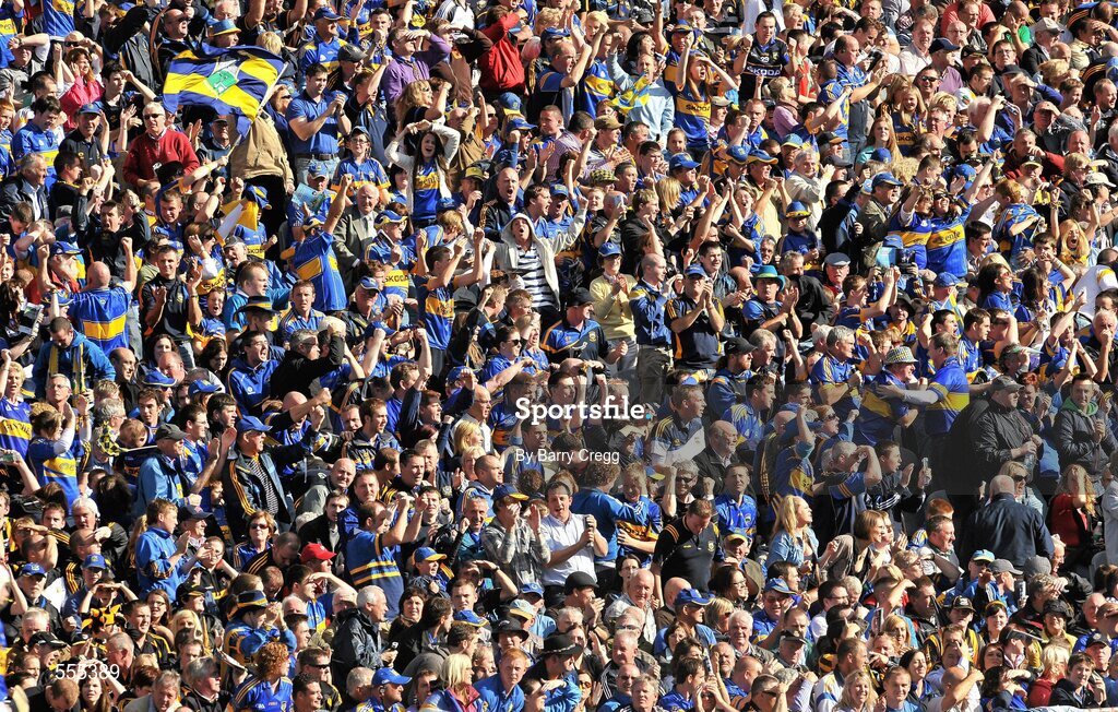 4 September 2011; Tipperary fans celebrate after their side scored a goal. GAA Hurling All-Ireland Senior Championship Final, Kilkenny v Tipperary, Croke Park, Dublin. Picture credit: Barry Cregg / SPORTSFILE