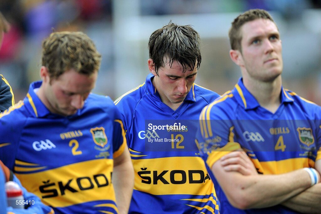 4 September 2011; Tipperary's Patrick Maher, 12, with Paddy Stapleton, left, and Michael Cahill after the game. GAA Hurling All-Ireland Senior Championship Final, Kilkenny v Tipperary, Croke Park, Dublin. Picture credit: Matt Browne / SPORTSFILE