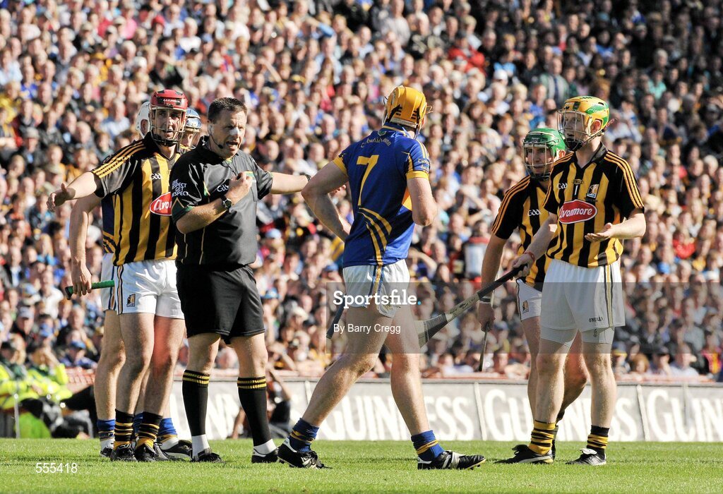 4 September 2011; Referee Brian Gavin tells Pádraic Maher, Tipperary, to walk away from Kilkenny players, from left, Eoin Larkin, Eddie Brennan and Richie Power. GAA Hurling All-Ireland Senior Championship Final, Kilkenny v Tipperary, Croke Park, Dublin. Picture credit: Barry Cregg / SPORTSFILE