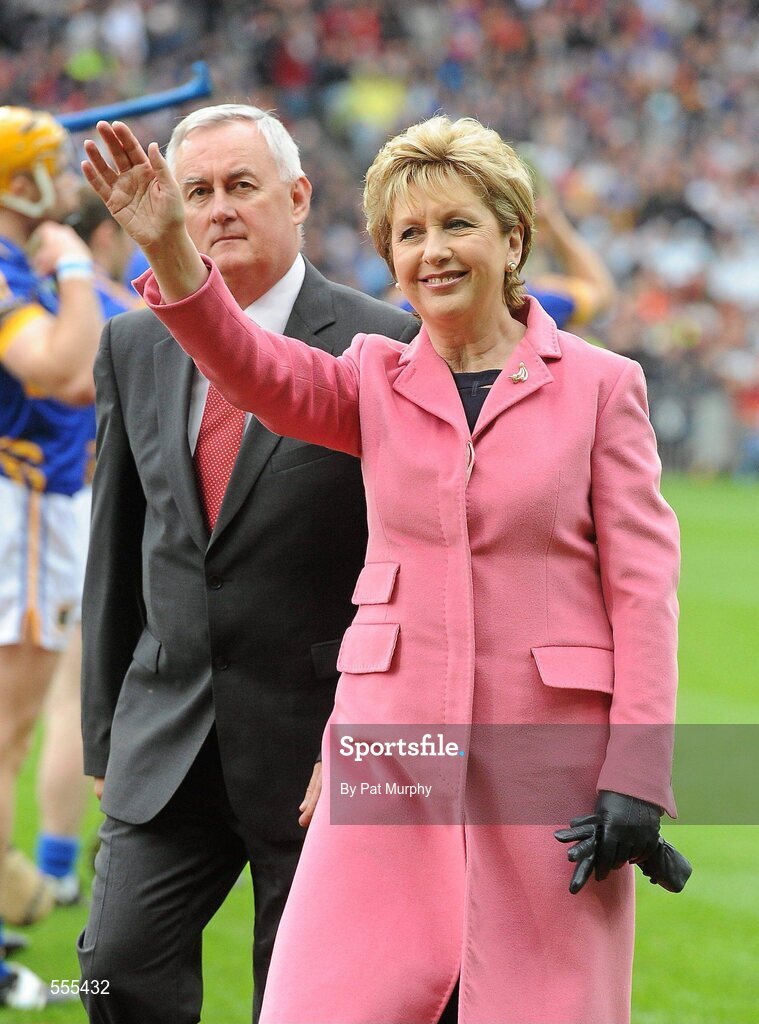 4 September 2011; President of Ireland Mary McAleese waves to the crowd alongside Uachtarán CLG Criostóir Ó Cuana. GAA Hurling All-Ireland Senior Championship Final, Kilkenny v Tipperary, Croke Park, Dublin. Picture credit: Pat Murphy / SPORTSFILE