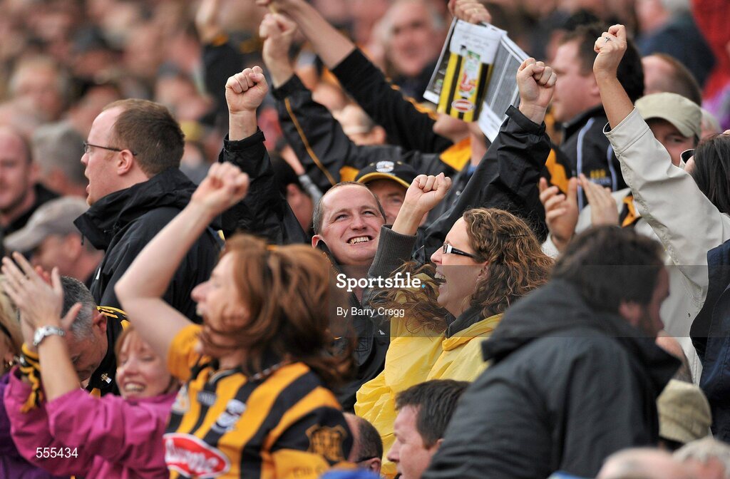 4 September 2011; A Kilkenny fan looks up to the big screen as he celebrates after Michael Fennelly scored his side's first goal of the game. Supporters at the GAA Hurling All-Ireland Championship Finals, Croke Park, Dublin. Picture credit: Barry Cregg / SPORTSFILE