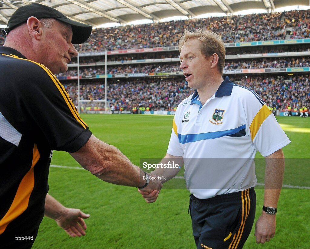 4 September 2011; Kilkenny manager Brian Cody, left, shakes hands with Tipperary manager Declan Ryan, at the end of the game. GAA Hurling All-Ireland Senior Championship Final, Kilkenny v Tipperary, Croke Park, Dublin. Photo by Sportsfile