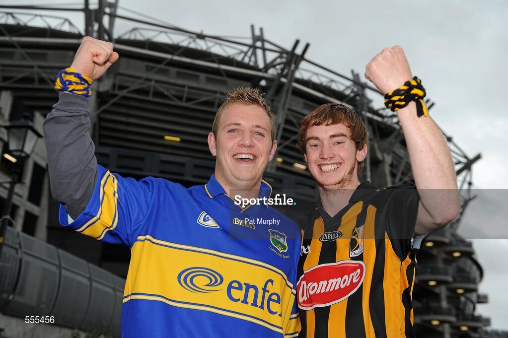 4 September 2011; Tipperary supporter Roddy Duff  and Kilkenny supporter Kevin Reilly before the game. Supporters at the GAA Hurling All-Ireland Championship Finals, Croke Park, Dublin. Picture credit: Pat Murphy / SPORTSFILE