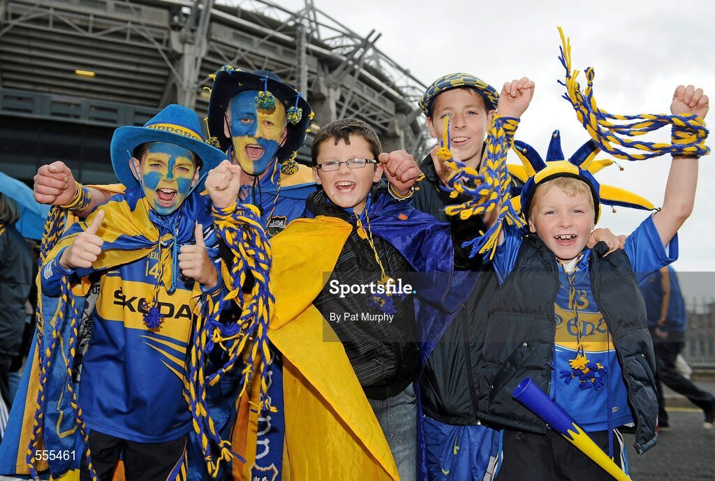4 September 2011; Tipperary supporters, from left, Jason Murphy, James Syd Ryan, Declan McGrath, Dee Heffernan and Colin Murphy from Nenagh, Co. Tipperary, before the game. Supporters at the GAA Hurling All-Ireland Championship Finals, Croke Park, Dublin. Picture credit: Pat Murphy / SPORTSFILE