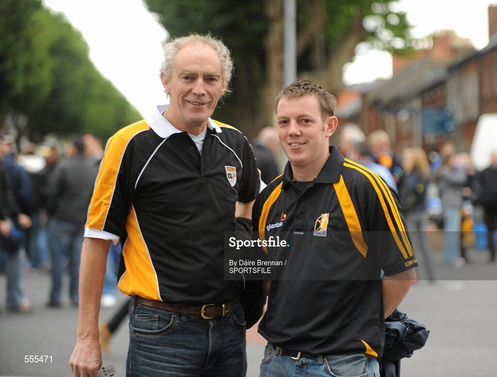 4 September 2011; Kilkenny supporters Bill Brennan, left, from Freshford, and Dermot Hogan, from Kilmanagh, on their way to the game. Supporters at the GAA Hurling All-Ireland Championship Finals, Croke Park, Dublin. Picture credit: Dáire Brennan / SPORTSFILE