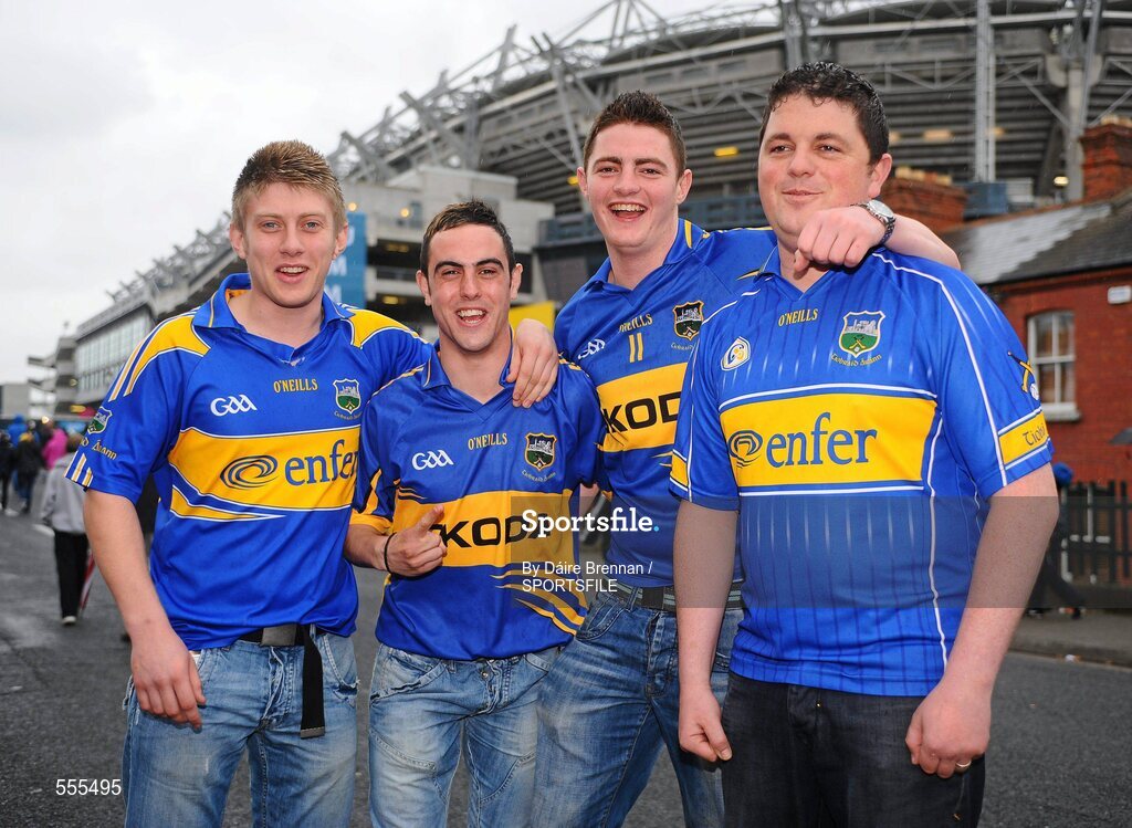 4 September 2011; Tipperary supporters, left to right, Paul McCarthy, Alan O'Connor, Declan Doyle, and Brendan Doyle, from Fethard, Co. Tipperary, on their way to the game. Supporters at the GAA Hurling All-Ireland Championship Finals, Croke Park, Dublin. Picture credit: Dáire Brennan / SPORTSFILE