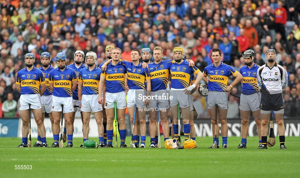 4 September 2011; The Tipperary team stand for the National Anthem. GAA Hurling All-Ireland Senior Championship Final, Kilkenny v Tipperary, Croke Park, Dublin. Picture credit: Barry Cregg / SPORTSFILE