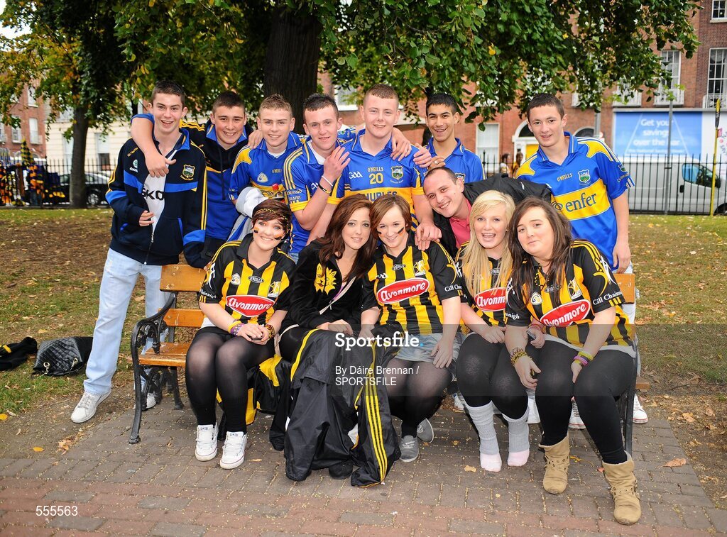 4 September 2011; Kilkenny girls from the The Village, Kilkenny City, and Tipperary boys from Tipperary town in Mountjoy Square before the game. Supporters at the GAA Hurling All-Ireland Championship Finals, Croke Park, Dublin. Picture credit: Dáire Brennan / SPORTSFILE