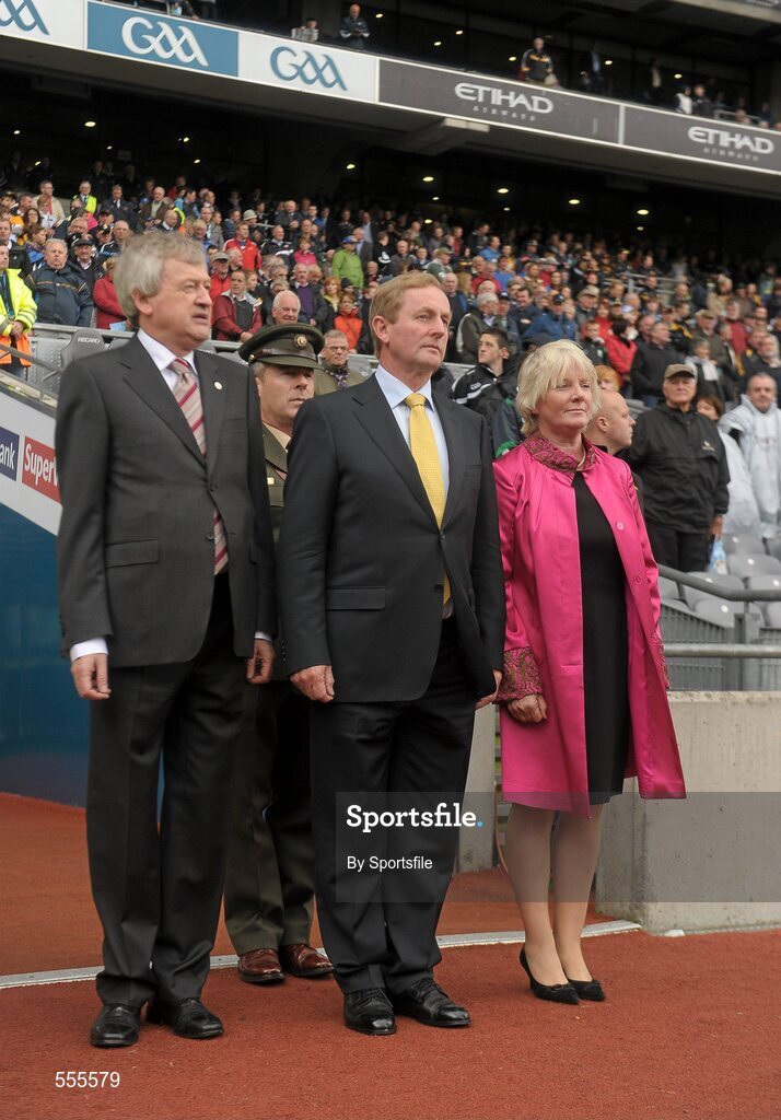 4 September 2011; Ard Stiurthoir of the GAA Paraic Duffy and his wife Vera, right, with An Taoiseach Enda Kenny T.D, before making their way to their seats. Supporters at the GAA Hurling All-Ireland Championship Finals, Croke Park, Dublin. Photo by Sportsfile