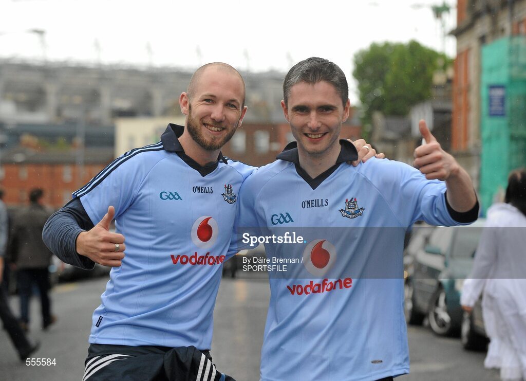4 September 2011; Dublin supporters Paul Mooney, left, from Crumlin, and David Ryan, from Templeogue, on their way to the game. Supporters at the GAA Hurling All-Ireland Championship Finals, Croke Park, Dublin. Picture credit: Dáire Brennan / SPORTSFILE