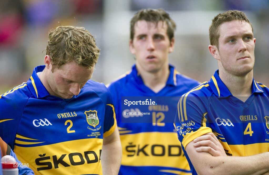 4 September 2011; Tipperary's Paddy Stapleton, left, Patrick Maher and Michael Cahill, right, after the game. GAA Hurling All-Ireland Senior Championship Final, Kilkenny v Tipperary, Croke Park, Dublin. Picture credit: Matt Browne / SPORTSFILE