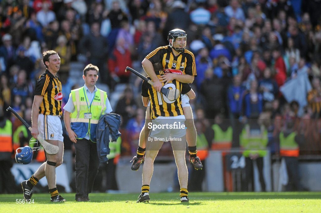 4 September 2011; Kilkenny players Eddie Brennan and Richie Hogan, right, celebrate as team-mate Brian Hogan looks on. GAA Hurling All-Ireland Senior Championship Final, Kilkenny v Tipperary, Croke Park, Dublin. Picture credit: Brian Lawless / SPORTSFILE