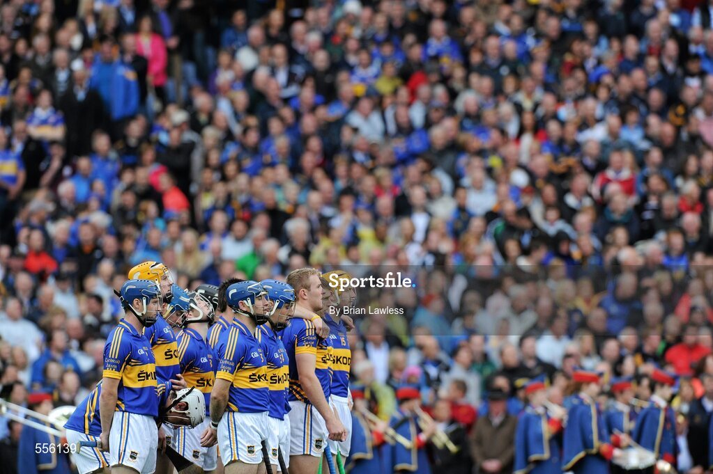 4 September 2011; The Tipperary players stand for the National Anthem. GAA Hurling All-Ireland Senior Championship Final, Kilkenny v Tipperary, Croke Park, Dublin. Picture credit: Brian Lawless / SPORTSFILE