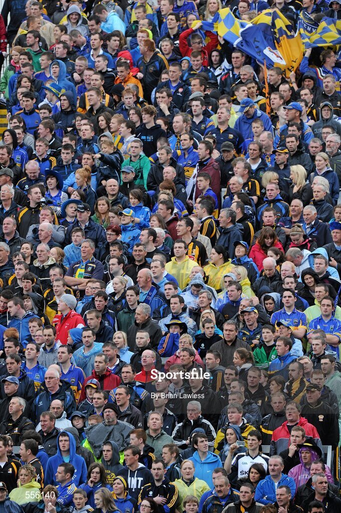 4 September 2011; Tipperary and Kilkenny supporters stand for the National Anthem on Hill 16. Supporters at the GAA Hurling All-Ireland Championship Finals, Croke Park, Dublin. Picture credit: Brian Lawless / SPORTSFILE