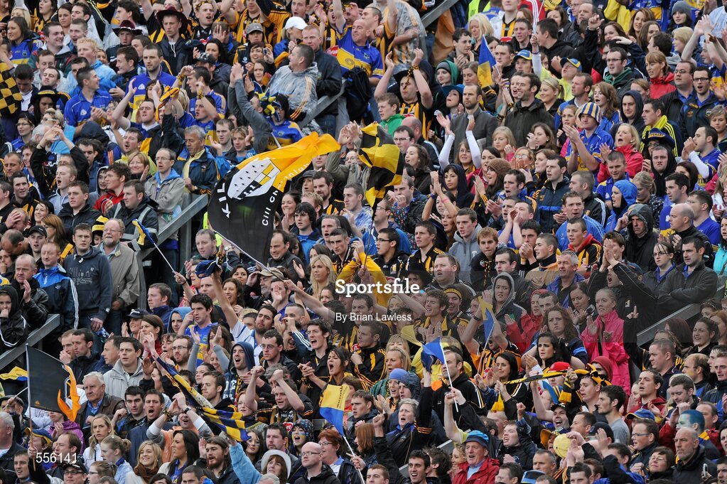 4 September 2011; Tipperary and Kilkenny supporters on Hill 16. Supporters at the GAA Hurling All-Ireland Championship Finals, Croke Park, Dublin. Picture credit: Brian Lawless / SPORTSFILE