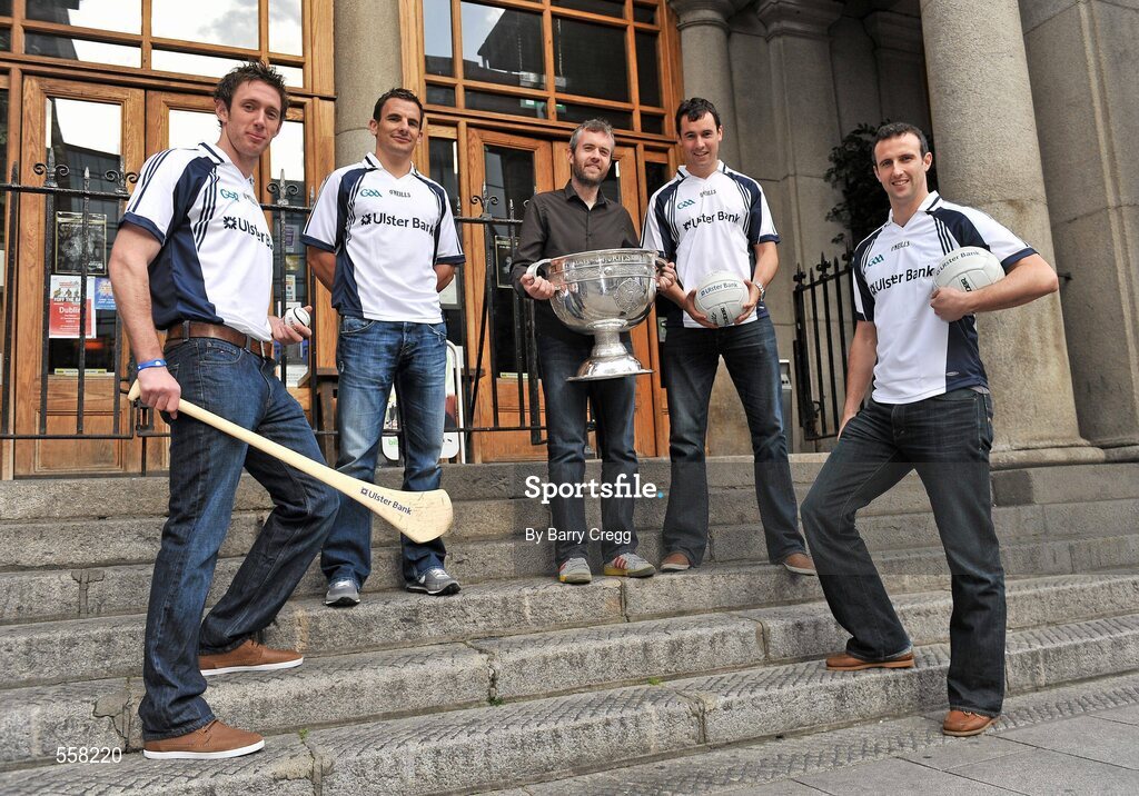 12 September 2011; Ulster Bank GAA stars, from left to right, 2011 All-Ireland medal winner Michael Fennelly, Down footballer Danny Hughes, Newstalk 106-108fm presenter Eoin McDevitt, with the Sam Maguire cup, Galway footballer Finian Hanley and Galway footballer Joe Bergin, at the 2011 ‘Off the Ball Roadshow with Ulster Bank’ finale. The Ulster Bank GAA stars were out in force, alongside a host of sporting greats, as the finale of the 2011 ‘Off the Ball Roadshow with Ulster Bank’ took over the Odeon Bar on Dublin’s Harcourt Street on Monday, 12th September. For the third year running, Ulster Bank teamed up with Newstalk 106-108 fm to take Ireland’s most popular sports programme on a tour across the country, where rival Ulster Bank GAA stars have featured in live shows in Kerry, Cork, Donegal, Limerick, Tipperary, Galway and Roscommon, throughout the summer. This year also saw the introduction of a major new club focused initiative – ‘Ulster Bank GAA Force’. The initiative was set up to support local GAA clubs across the country by giving them the opportunity to refurbish and upgrade their facilities. The Odeon Bar, Harcourt Street, Dublin. Picture credit: Barry Cregg / SPORTSFILE