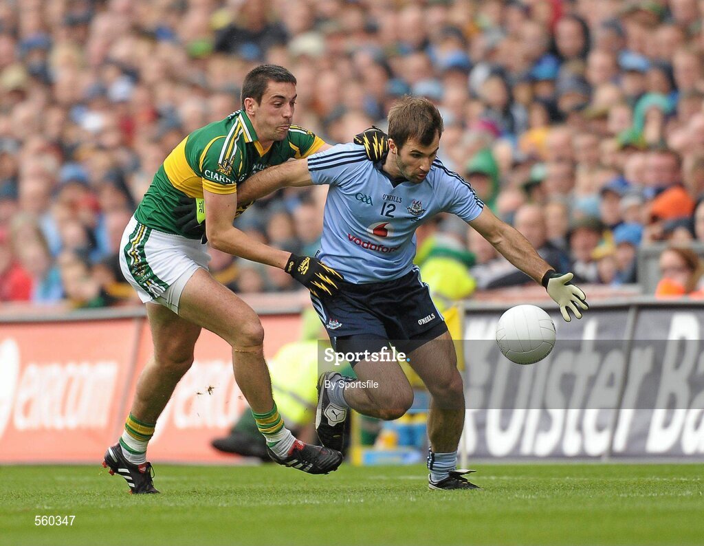18 September 2011; Bryan Cullen, Dublin, in action against Anthony Maher, Kerry. GAA Football All-Ireland Senior Championship Final, Kerry v Dublin, Croke Park, Dublin. Photo by Sportsfile