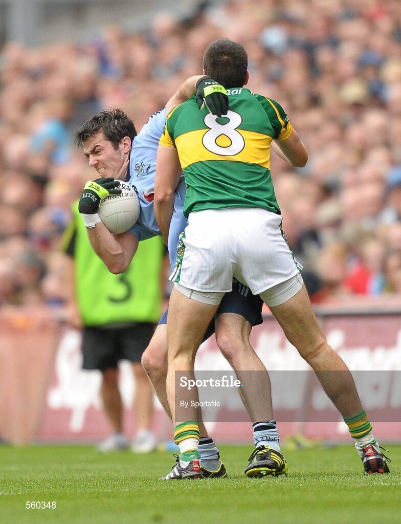 18 September 2011; Michael Darragh Macauley, Dublin, in action against Anthony Maher, Kerry. GAA Football All-Ireland Senior Championship Final, Kerry v Dublin, Croke Park, Dublin. Photo by Sportsfile