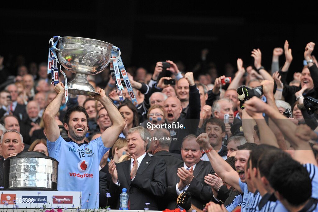 18 September 2011; Dublin captain Bryan Cullen, lifts the Sam Maguire Cup at the end of the game. GAA Football All-Ireland Senior Championship Final, Kerry v Dublin, Croke Park, Dublin. Picture credit: David Maher / SPORTSFILE