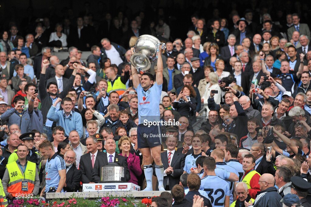 18 September 2011; Bernard Brogan, Dublin, stands holding the Sam Maguire Cup during the presentation at the end of the game. GAA Football All-Ireland Senior Championship Final, Kerry v Dublin, Croke Park, Dublin. Picture credit: David Maher / SPORTSFILE