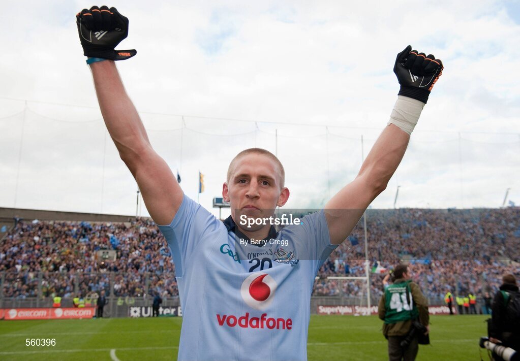 18 September 2011; Eoghan O'Gara, Dublin, celebrates victory after the game. GAA Football All-Ireland Senior Championship Final, Kerry v Dublin, Croke Park, Dublin. Picture credit: Barry Cregg / SPORTSFILE