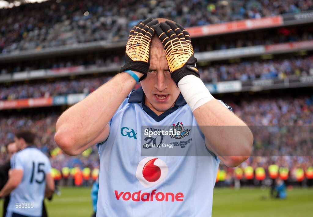 18 September 2011; Eoghan O'Gara, Dublin, comes to terms with victory after the game. GAA Football All-Ireland Senior Championship Final, Kerry v Dublin, Croke Park, Dublin. Picture credit: Barry Cregg / SPORTSFILE