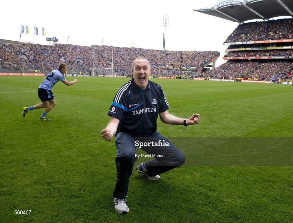 18 September 2011; Dublin manager Pat Gilroy celebrates at the end of the game. GAA Football All-Ireland Senior Championship Final, Kerry v Dublin, Croke Park, Dublin. Picture credit: David Maher / SPORTSFILE