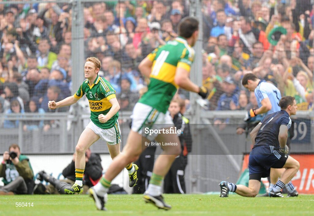 18 September 2011; Colm Cooper, Kerry, celebrates scoring his side's first goal as Dublin goalkeeper Stephen Cluxton and Rory O'Carroll look on. GAA Football All-Ireland Senior Championship Final, Kerry v Dublin, Croke Park, Dublin. Picture credit: Brian Lawless / SPORTSFILE