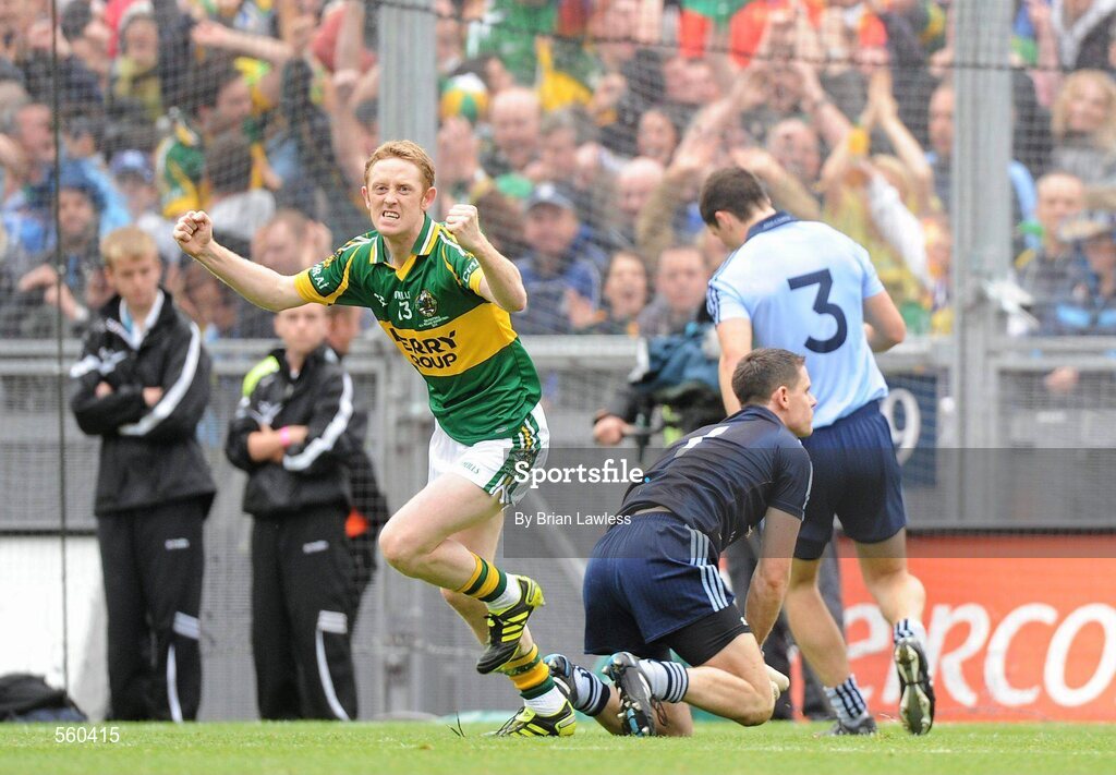 18 September 2011; Colm Cooper, Kerry, celebrates scoring his side's first goal, as Dublin goalkeeper Stephen Cluxton and Rory O'Carroll look on. GAA Football All-Ireland Senior Championship Final, Kerry v Dublin, Croke Park, Dublin. Picture credit: Brian Lawless / SPORTSFILE