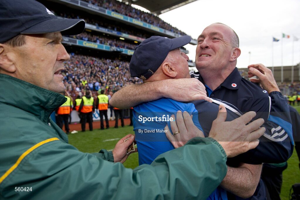 18 September 2011; Dublin manager Pat Gilroy, right, celebrates with Mickey Whelan, as Kerry manager Jack O'Connor steps in to congradulate them both at the end of the game. GAA Football All-Ireland Senior Championship Final, Kerry v Dublin, Croke Park, Dublin. Picture credit: David Maher / SPORTSFILE