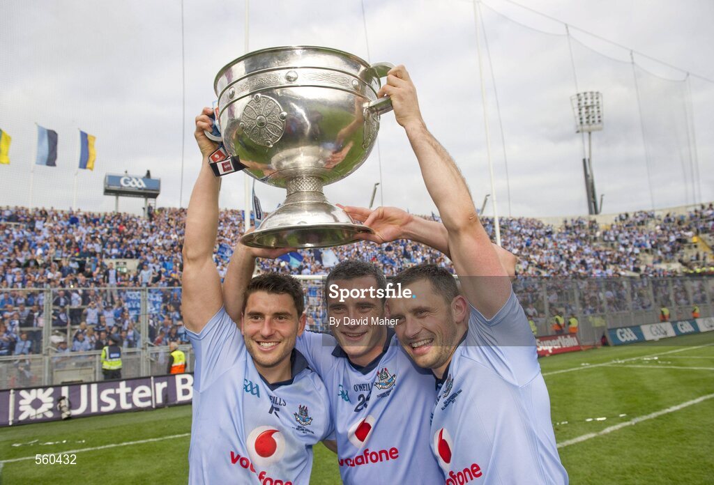 18 September 2011; The Brogan brothers, left to right, Bernard, Paul and Alan celebrate at the end of the game. GAA Football All-Ireland Senior Championship Final, Kerry v Dublin, Croke Park, Dublin. Picture credit: David Maher / SPORTSFILE